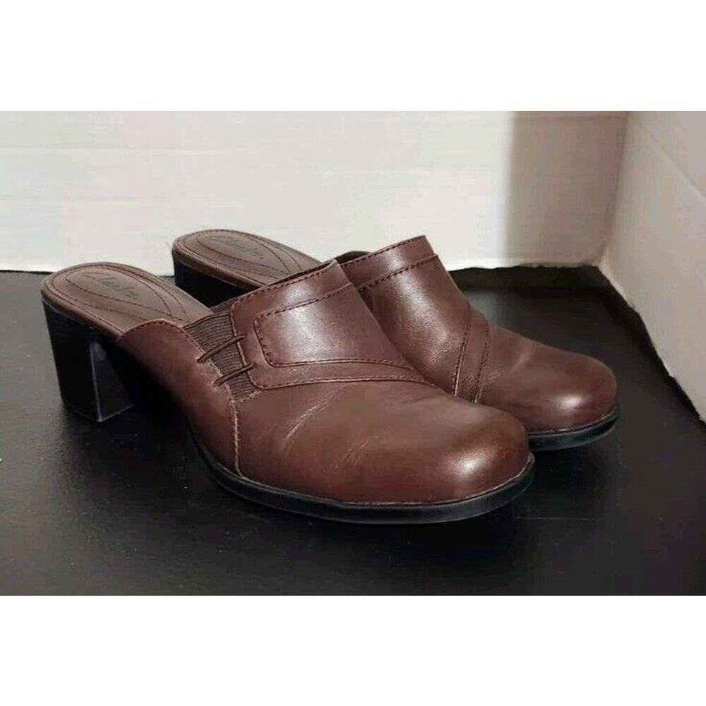 Clarks Womens Mules Slides Chunky Y2K Heel‎ Shoes 8M Brown Leather Style # 71024
